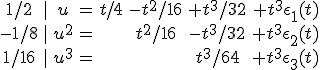 \begin{array}1/2&|&u&=&t/4&-t^2/16&+t^3/32&+t^3\epsilon_1(t)\\ -1/8&|&u^2&=&&t^2/16&-t^3/32&+t^3\epsilon_2(t)\\ 1/16&|&u^3&=&&&t^3/64&+t^3\epsilon_3(t)\end{array}